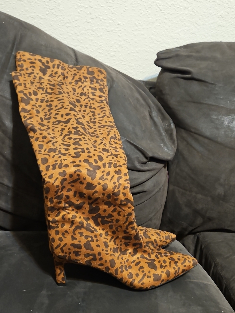 a new day Leopard-Print Knee-High Heeled Boots in Brown and Black